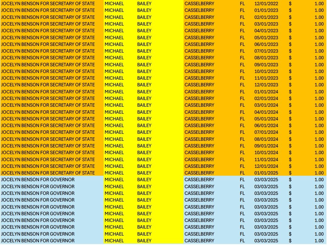 Spreadsheet listing campaign contributions for Jocelyn Benson's Secretary of State and Governor elections, including names, dates, and amounts from contributors in Casselberry, Florida.