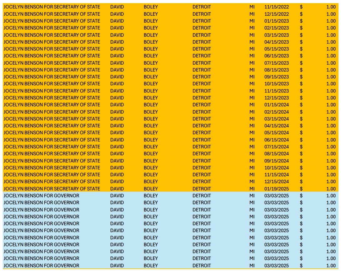 Spreadsheet listing campaign contributions for Jocelyn Benson, including dates, amounts, and contributor details for the Secretary of State and Governor positions in Detroit, Michigan.
