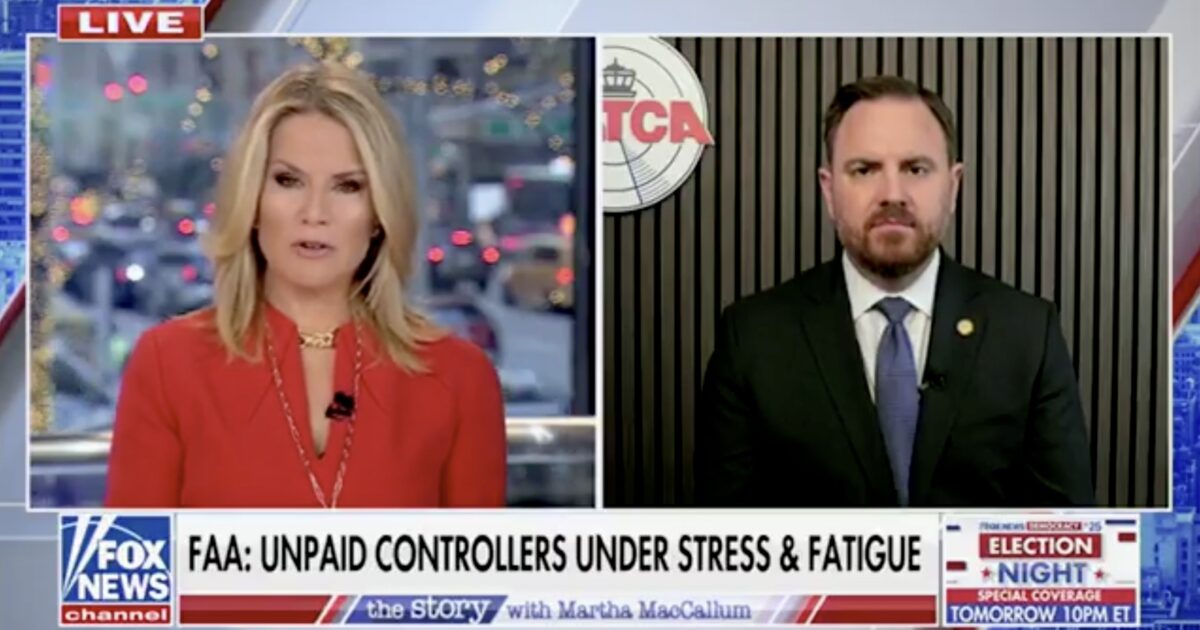 Martha MacCallum interviews a guest about the stress and fatigue faced by unpaid FAA controllers during a live broadcast on Fox News.