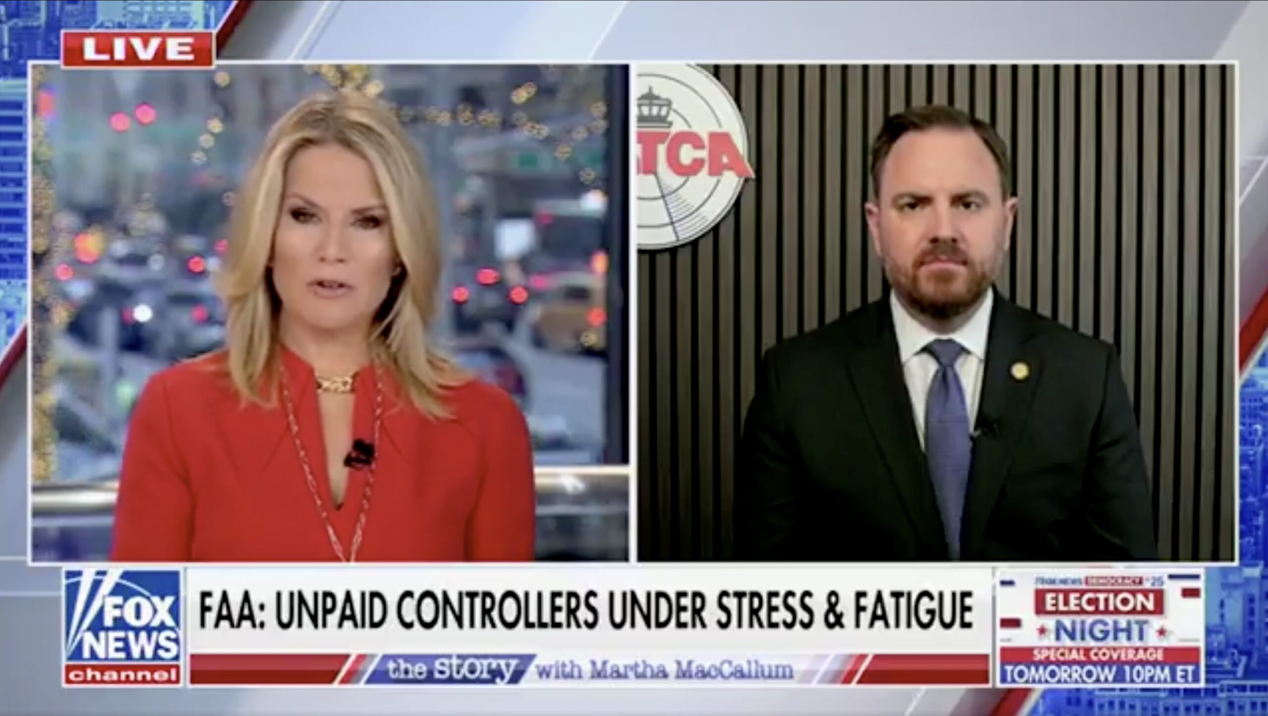 Martha MacCallum interviews a guest about the stress and fatigue faced by unpaid FAA controllers during a live broadcast on Fox News.