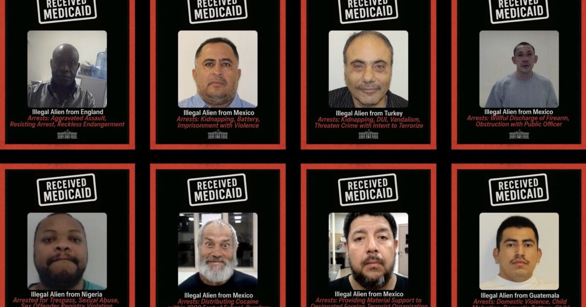 Collage of individuals labeled as illegal aliens from various countries, each with criminal charges and noted for receiving Medicaid.