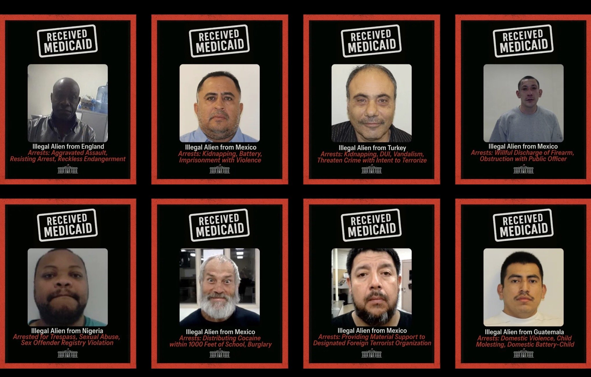 Collage of individuals labeled as illegal aliens from various countries, each with criminal charges and noted for receiving Medicaid.