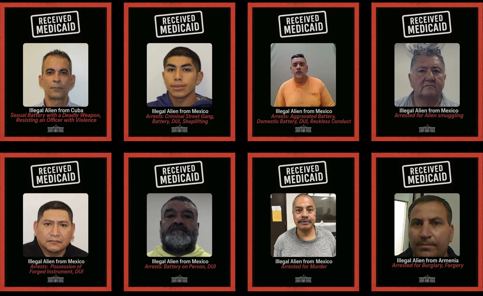 Collage of mugshots featuring individuals identified as illegal aliens from various countries, with details of their arrests and crimes displayed prominently.