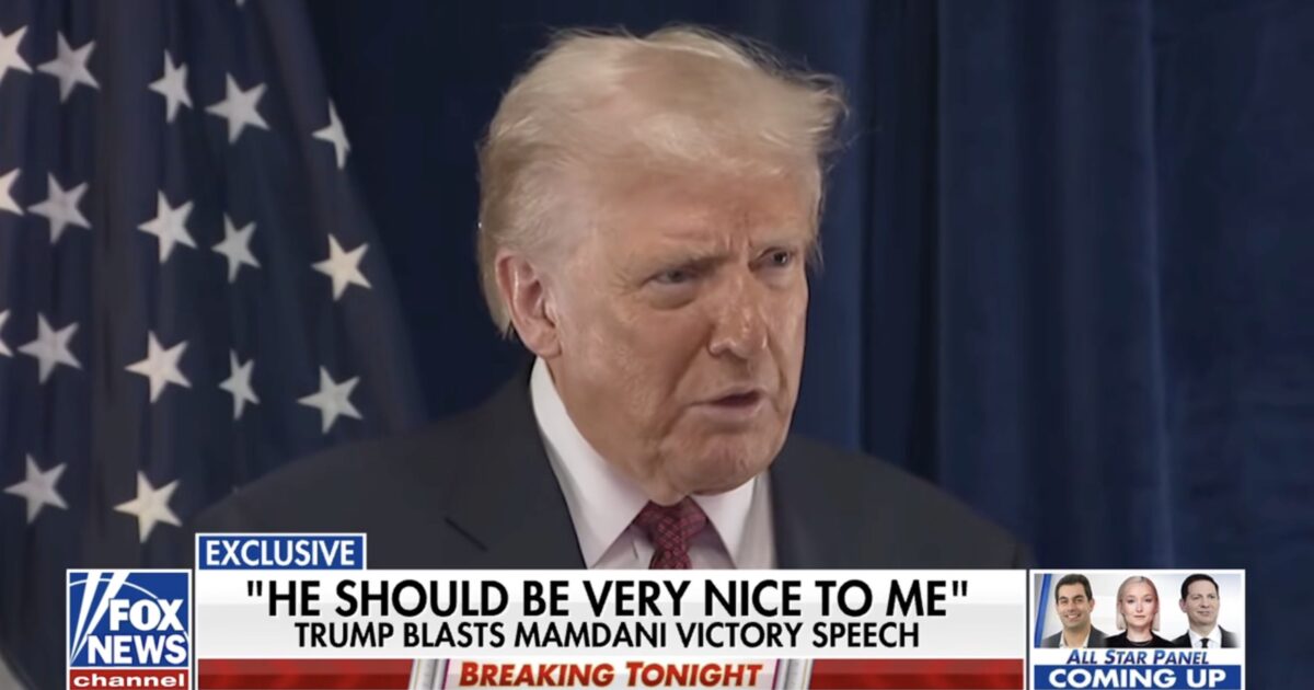 Donald Trump speaks at a press conference, criticizing Mamdani's victory speech, with an American flag backdrop and Fox News branding visible.
