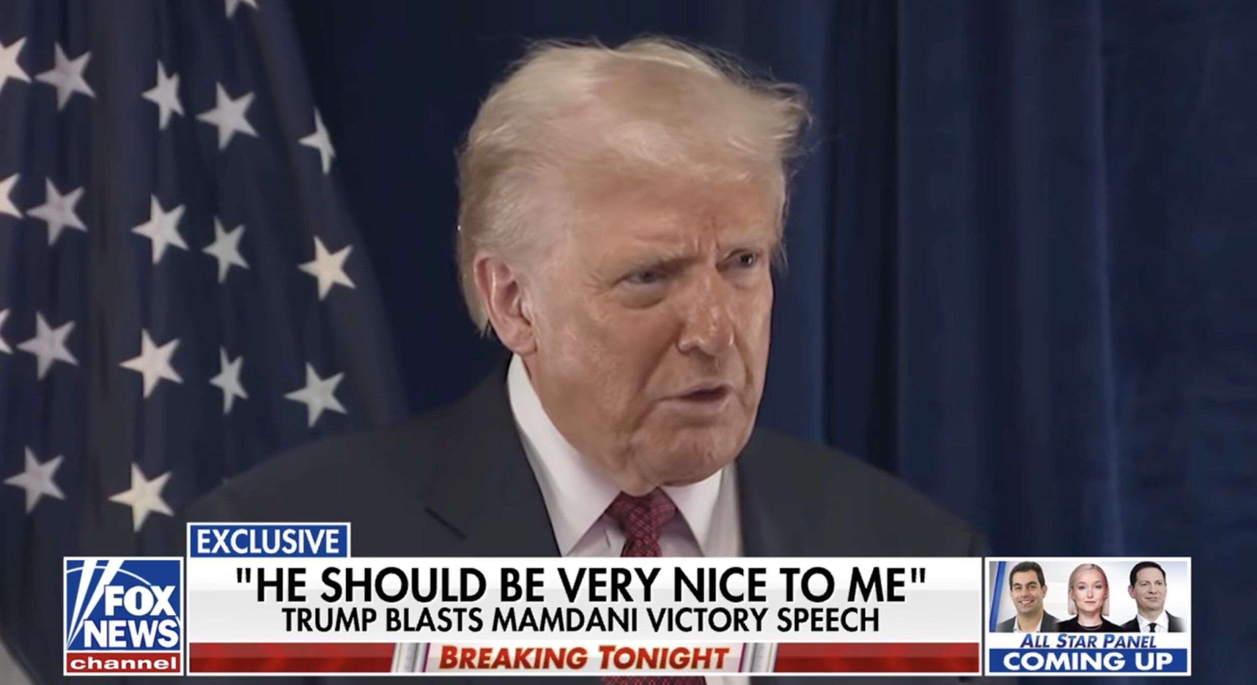 Donald Trump speaks at a press conference, criticizing Mamdani's victory speech, with an American flag backdrop and Fox News branding visible.