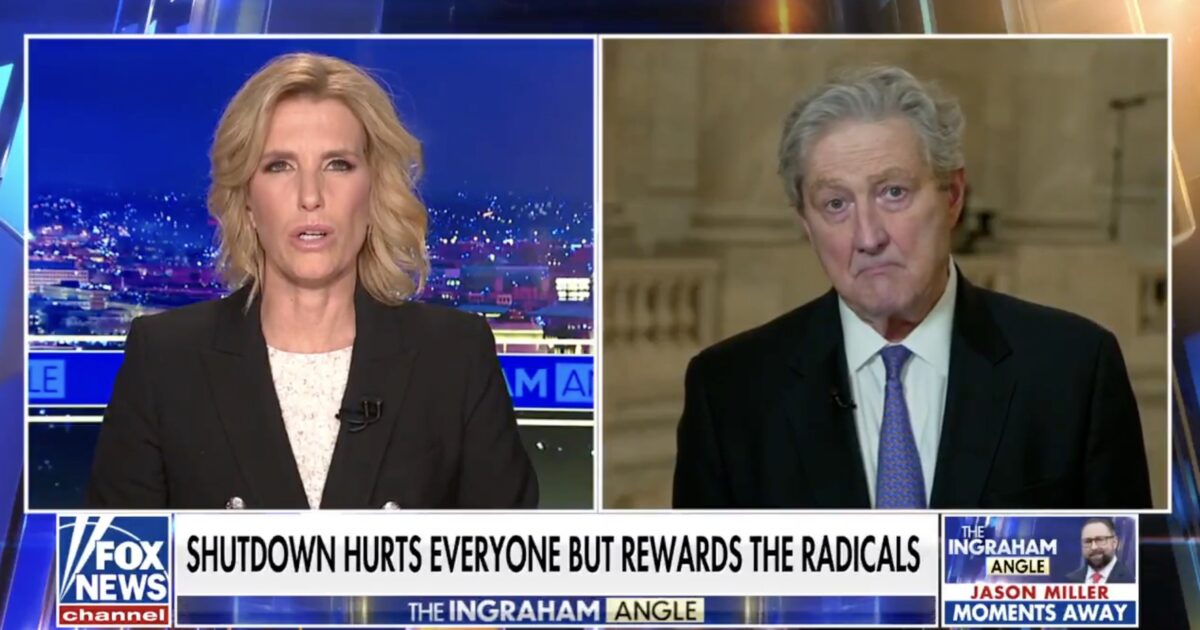 Laura Ingraham interviews a guest on Fox News, discussing the impacts of government shutdowns and political consequences.