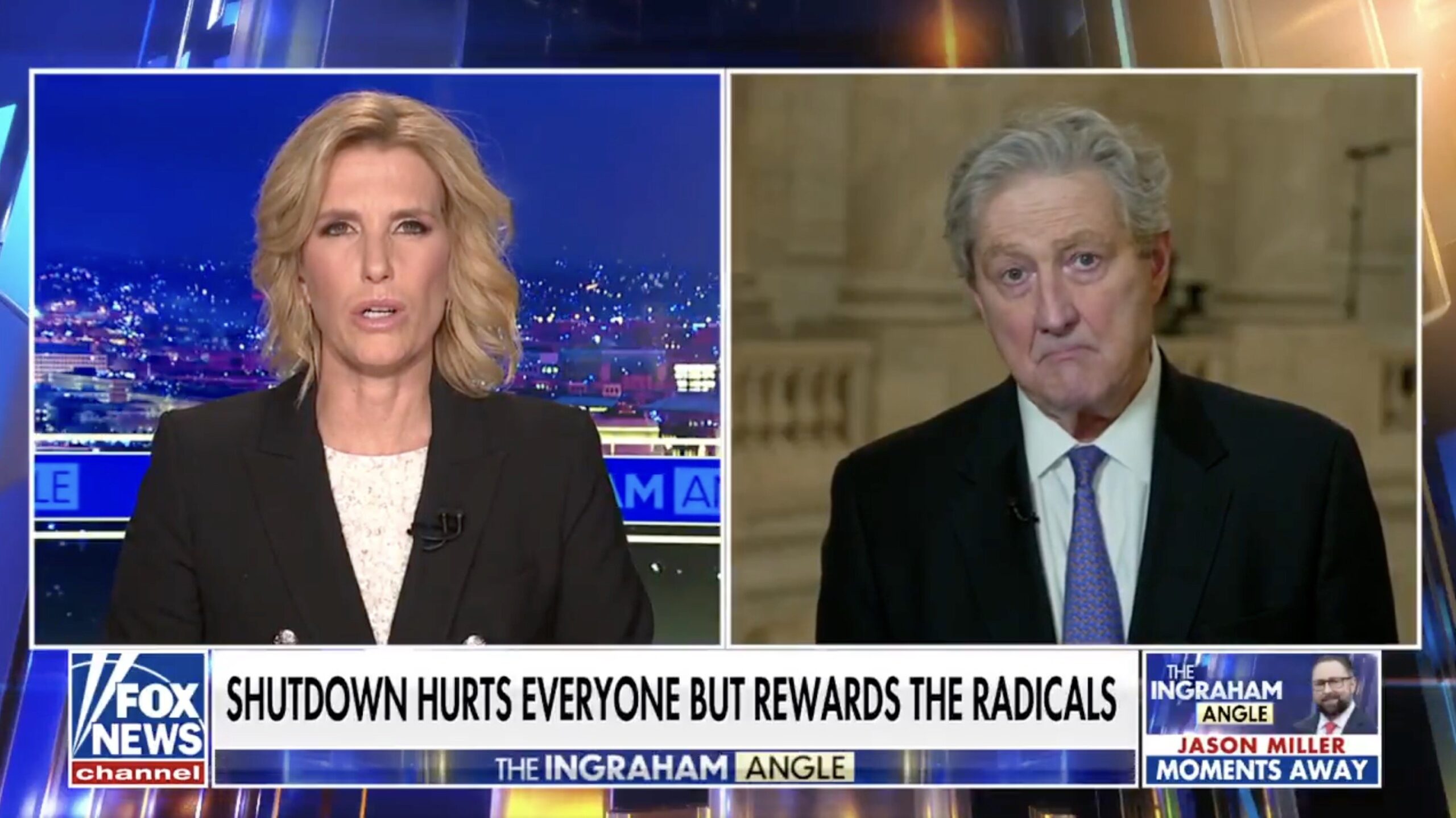 Laura Ingraham interviews a guest on Fox News, discussing the impacts of government shutdowns and political consequences.