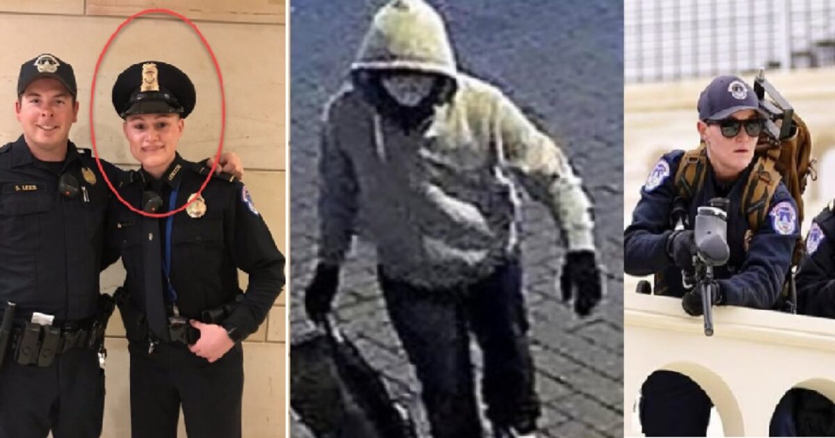 Image collage featuring police officers posing for a photo, a suspect in a hoodie captured on surveillance, and armed officers responding to an incident.