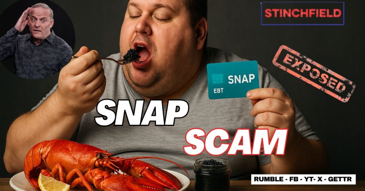 Man eating caviar with a lobster on the table, holding a SNAP EBT card, highlighting issues related to SNAP benefits and food scams.