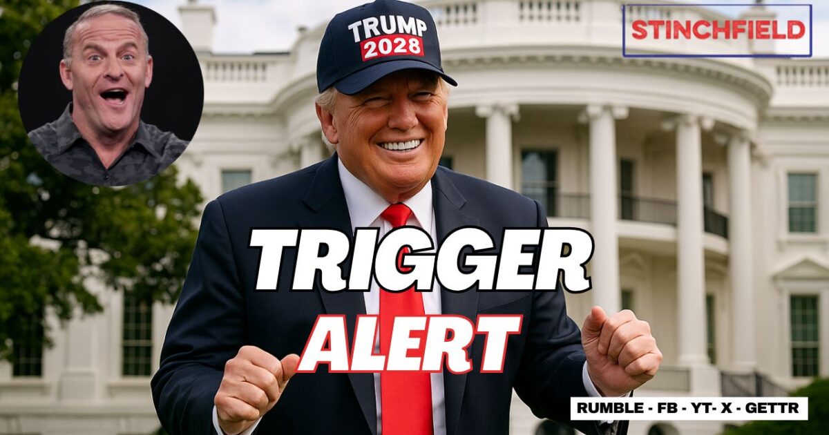 Donald Trump poses confidently in front of the White House wearing a "Trump 2028" hat, with text overlay reading "Trigger Alert" and a small image of a smiling man.