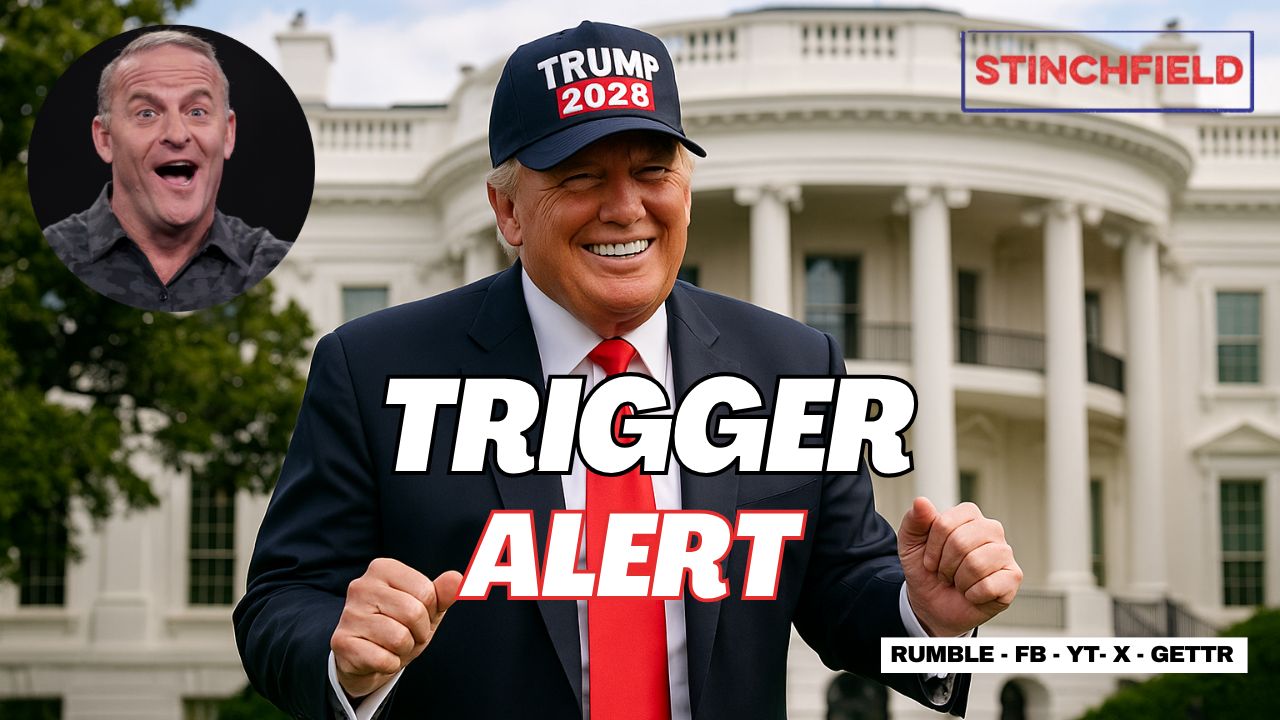Donald Trump poses confidently in front of the White House wearing a "Trump 2028" hat, with text overlay reading "Trigger Alert" and a small image of a smiling man.