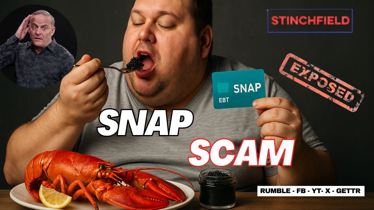 Man eating caviar with a lobster on the table, holding a SNAP EBT card, highlighting issues related to SNAP benefits and food scams.