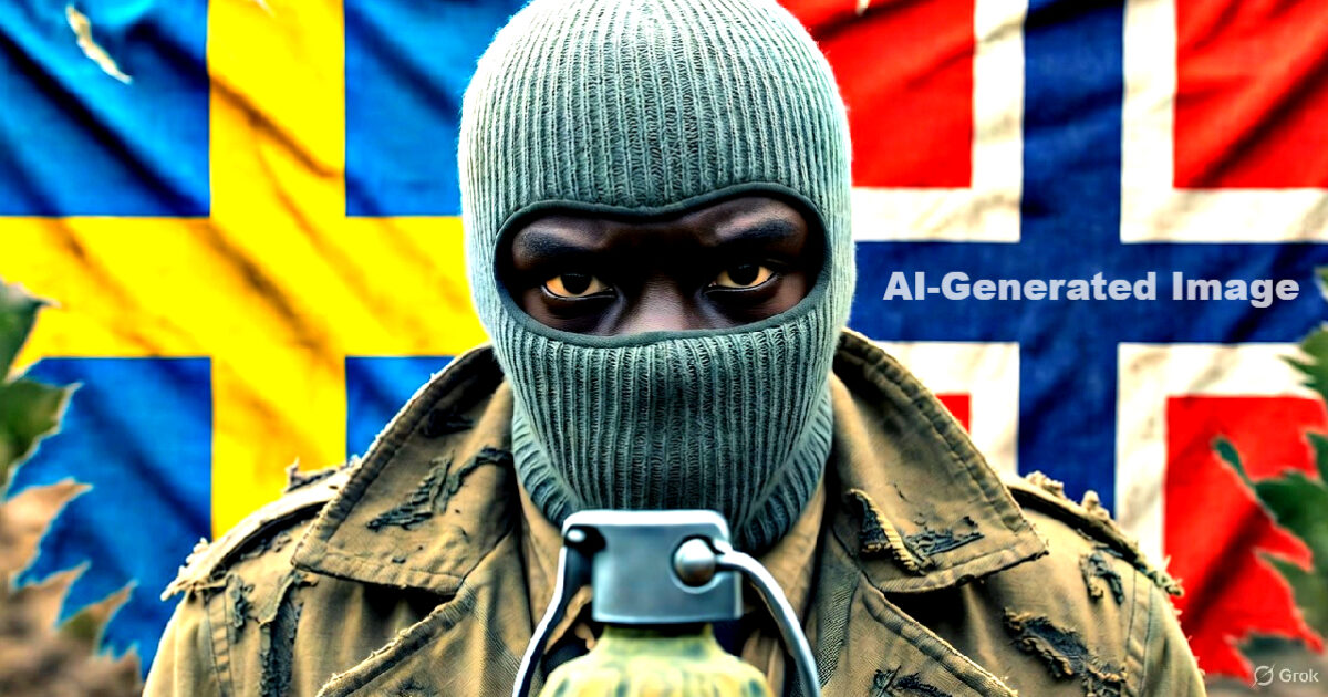 Masked individual holding a grenade in front of Swedish and Norwegian flags, symbolizing tension and conflict in an AI-generated image.