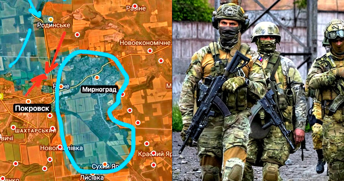 Map highlighting Mirnograd and surrounding areas alongside soldiers in military gear, illustrating the ongoing conflict in the region.