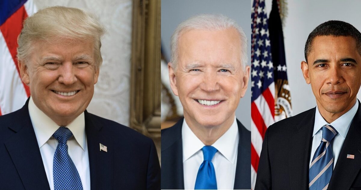 Portraits of Donald Trump, Joe Biden, and Barack Obama, showcasing three former U.S. Presidents against a backdrop of American flags.