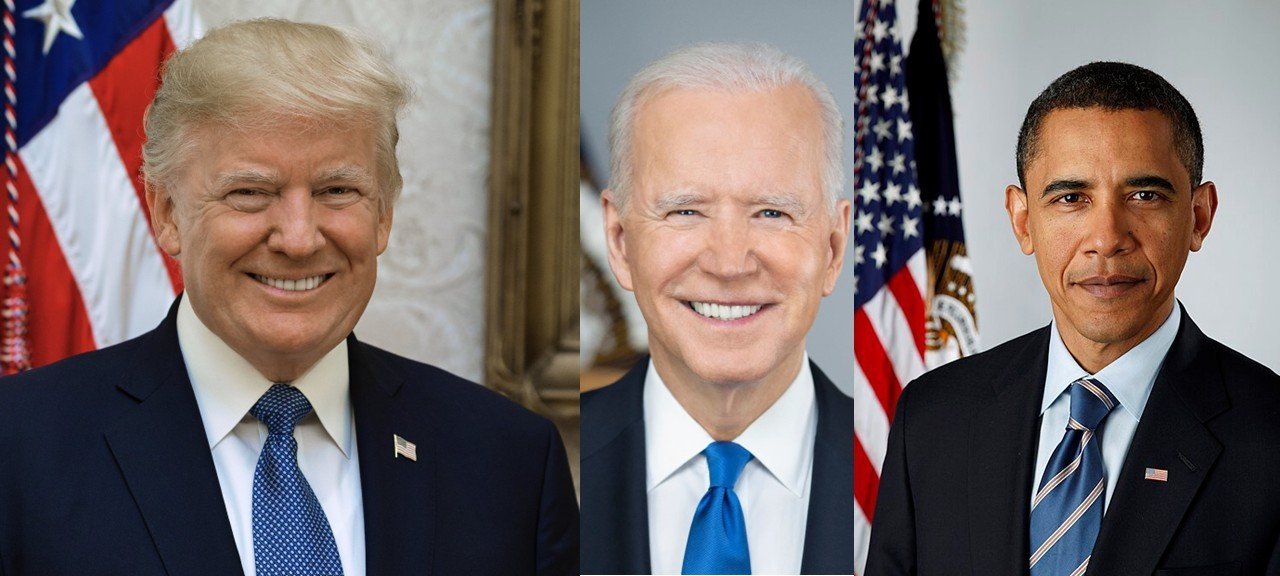 Portraits of Donald Trump, Joe Biden, and Barack Obama, showcasing three former U.S. Presidents against a backdrop of American flags.