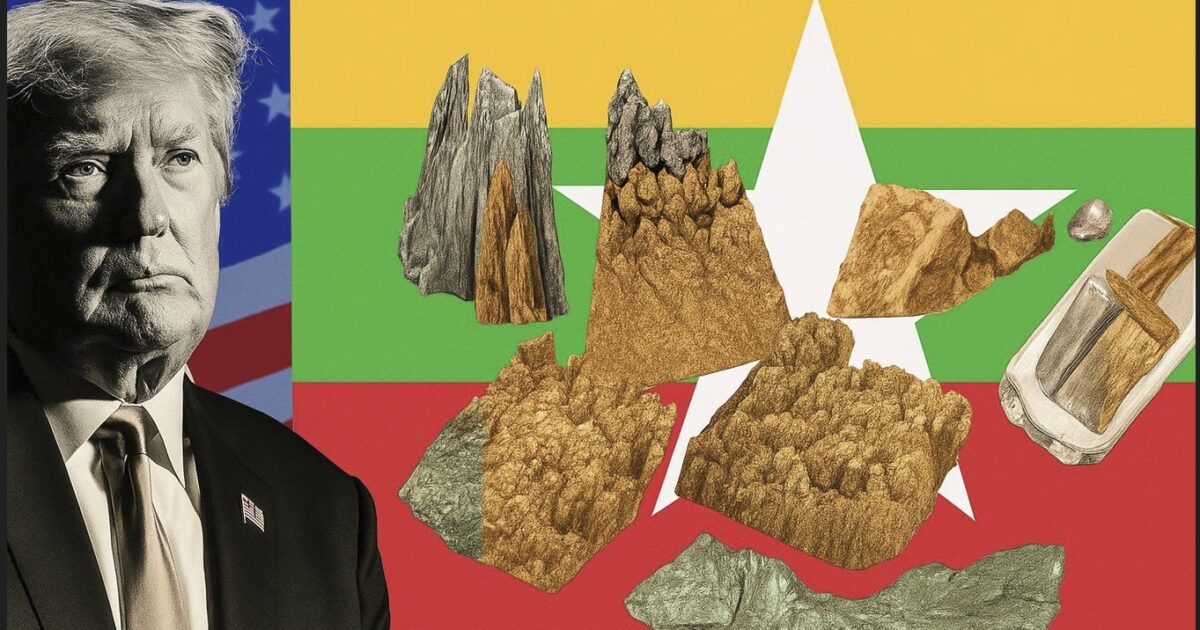 Image of Donald Trump against a backdrop of the Myanmar flag, featuring various mineral textures, symbolizing international relations and resource discussions.