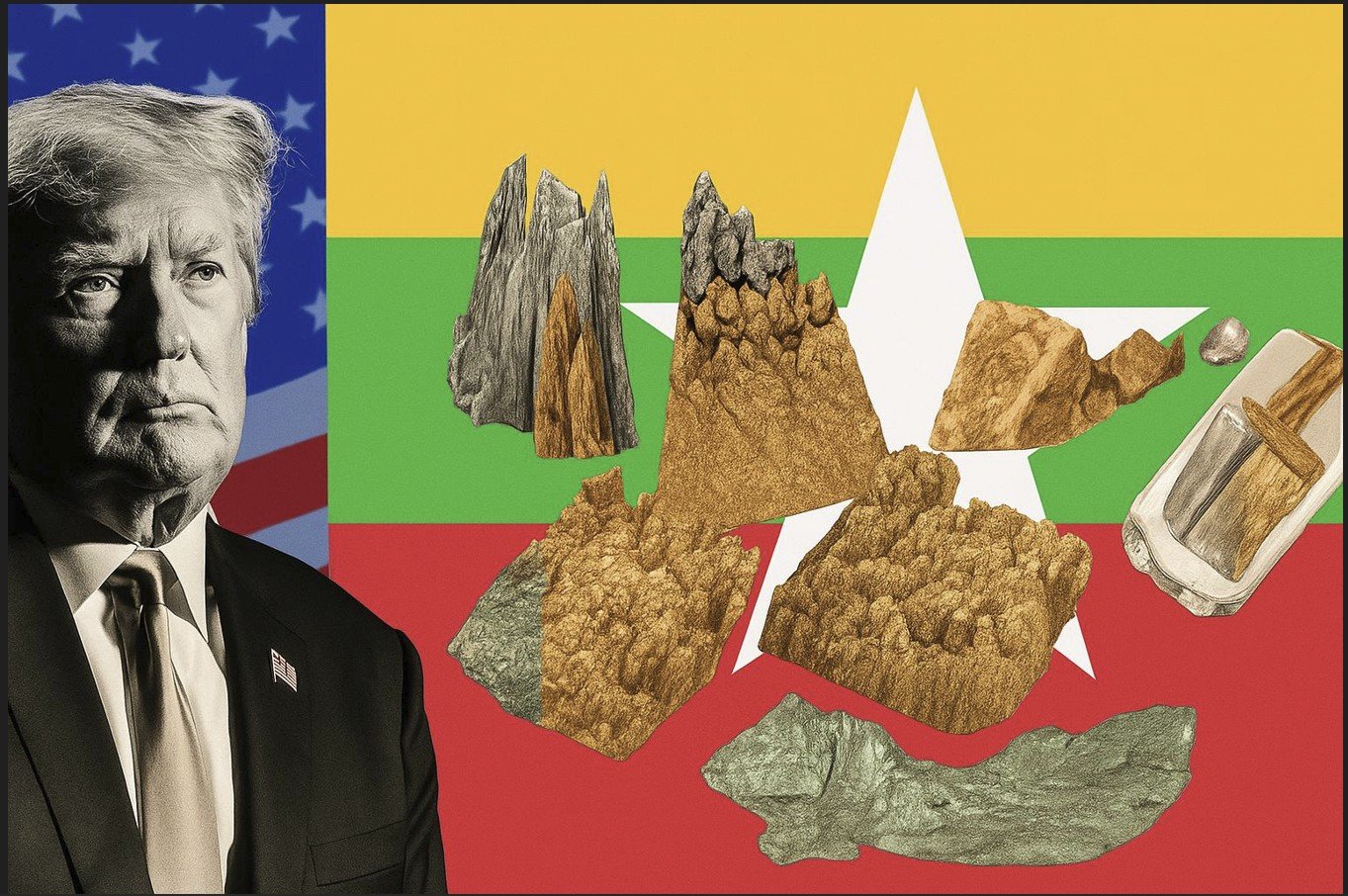 Image of Donald Trump against a backdrop of the Myanmar flag, featuring various mineral textures, symbolizing international relations and resource discussions.