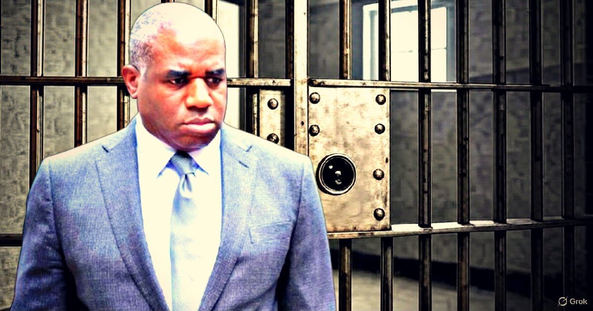 Man in a suit stands in front of a prison cell, conveying a serious expression amidst a stark, industrial background.