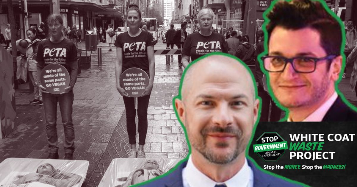 PETA activists promote veganism in a public demonstration, highlighting animal rights and ethical treatment while raising awareness against government-funded animal experiments.