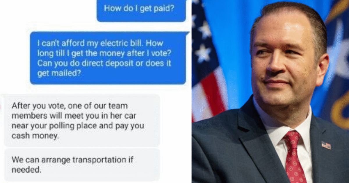 Text conversation about payment options after voting, with a professional portrait of a man in a suit, American flag in the background.