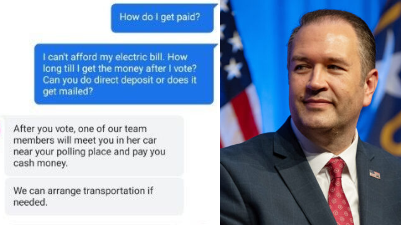 Text conversation about payment options after voting, with a professional portrait of a man in a suit, American flag in the background.