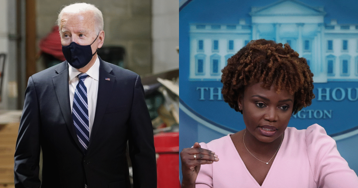 President Joe Biden and Press Secretary Karine Jean-Pierre are shown in a split image, highlighting their roles in the White House during a press briefing.