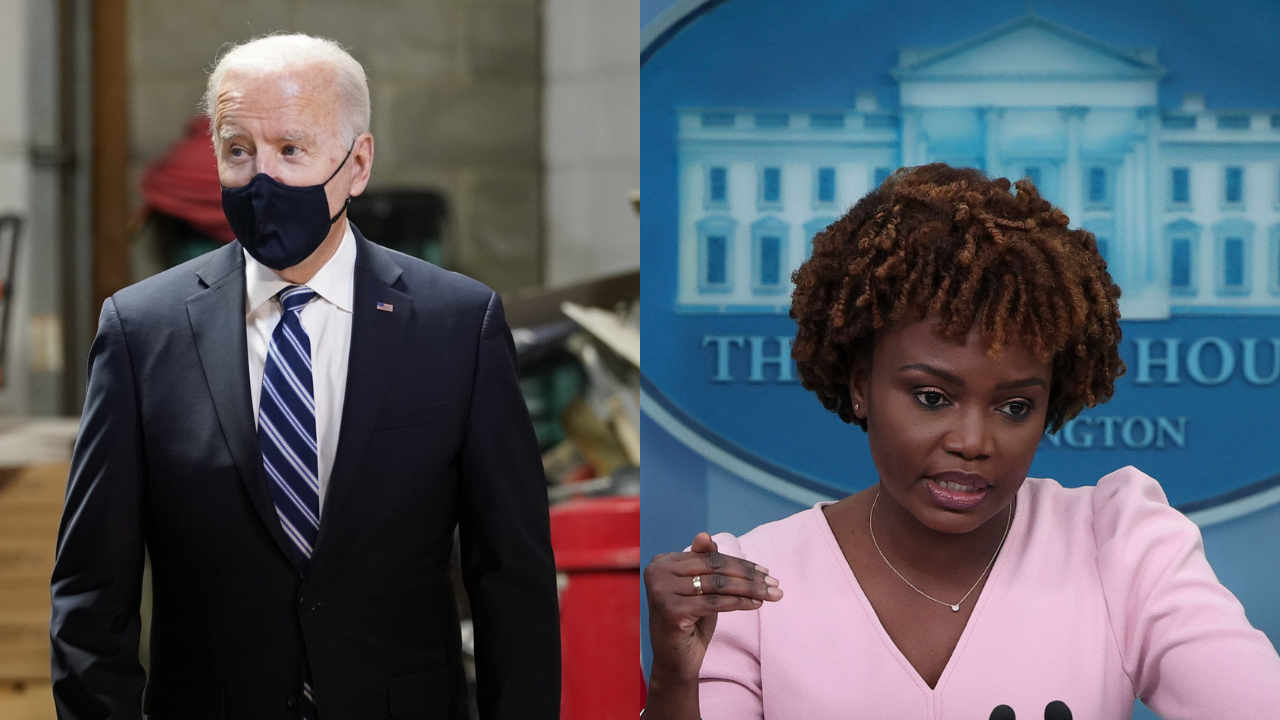 President Joe Biden and Press Secretary Karine Jean-Pierre are shown in a split image, highlighting their roles in the White House during a press briefing.