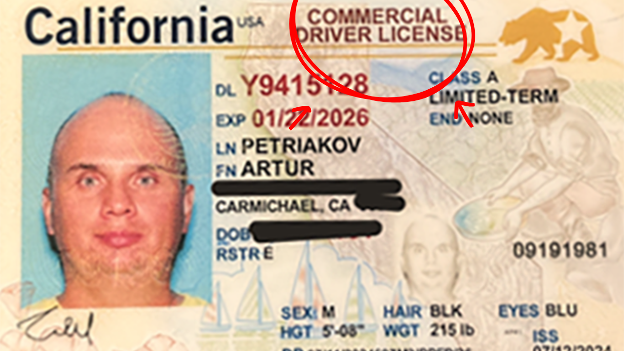 California commercial driver license featuring personal information, including name, expiration date, and physical characteristics.