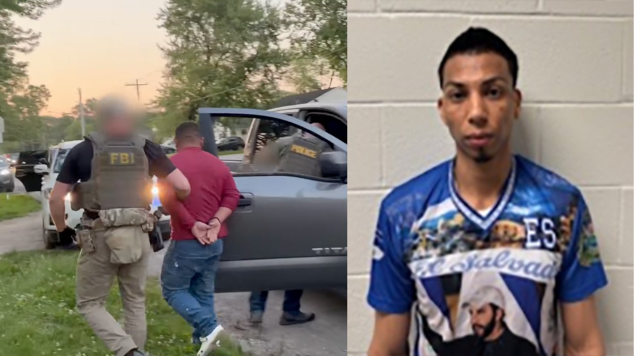 FBI agents apprehending a suspect during an operation, with a mugshot of the suspect shown alongside.