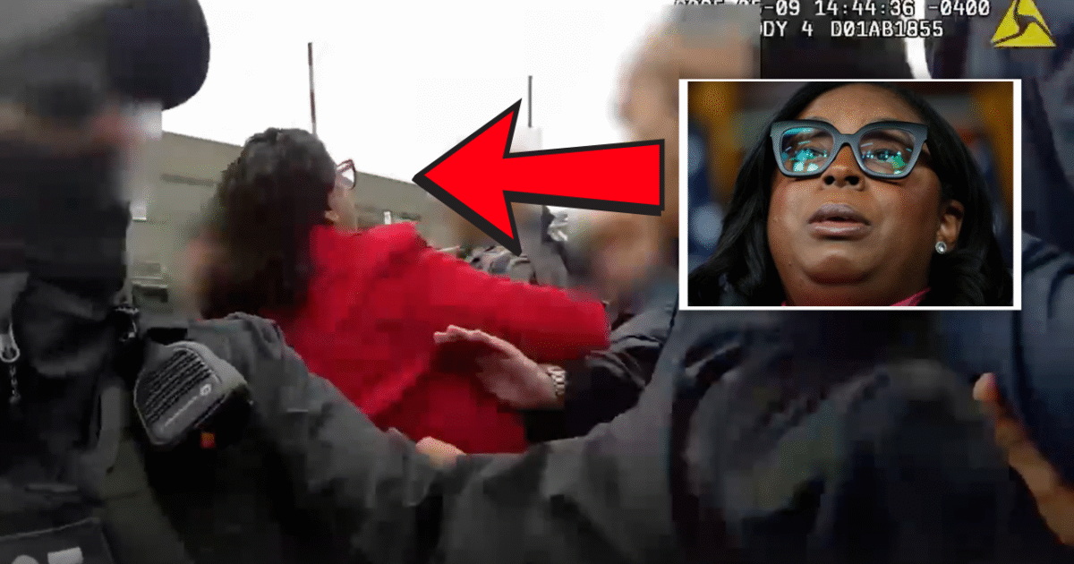 Police confrontation scene with an individual in a red jacket being restrained during a protest, illustrating tensions between law enforcement and demonstrators.