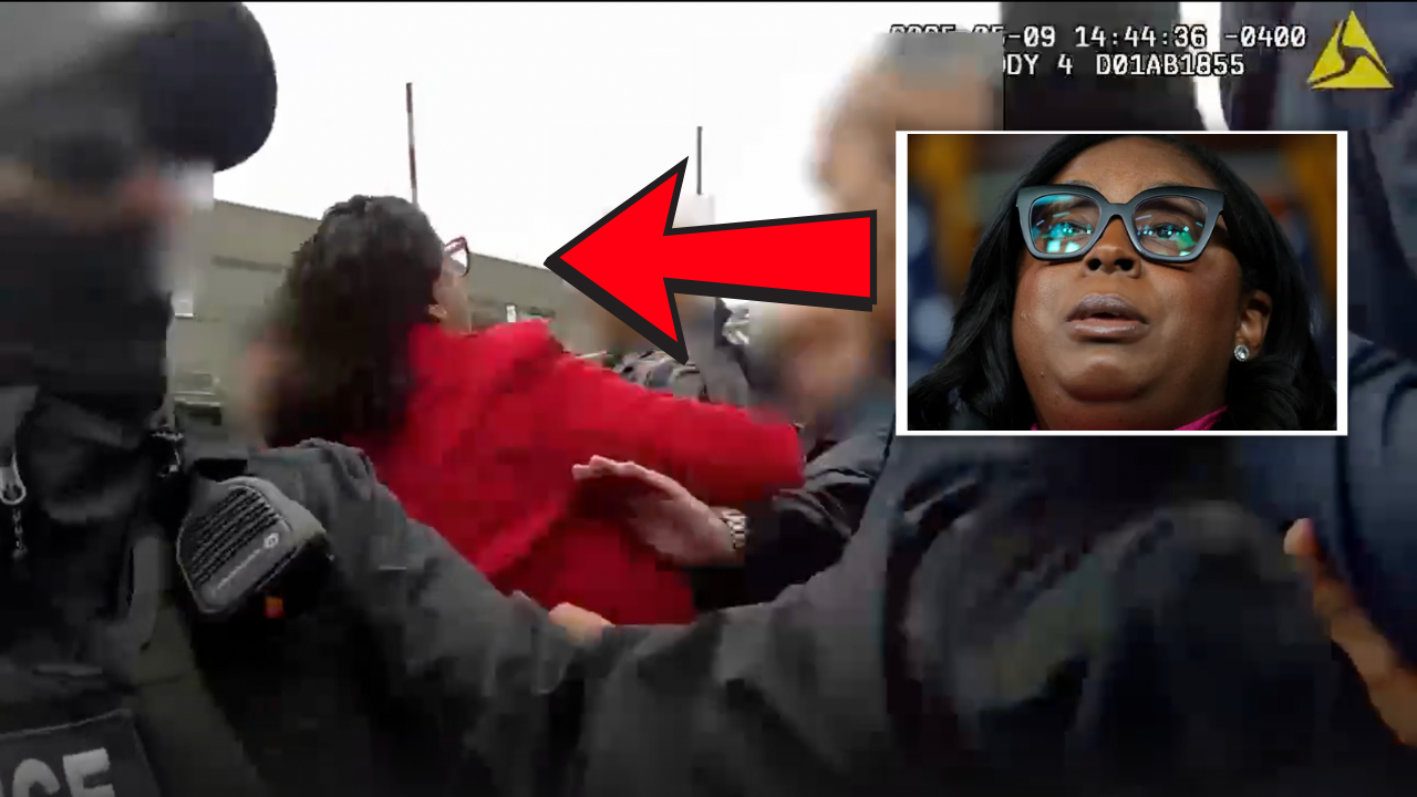 Police confrontation scene with an individual in a red jacket being restrained during a protest, illustrating tensions between law enforcement and demonstrators.