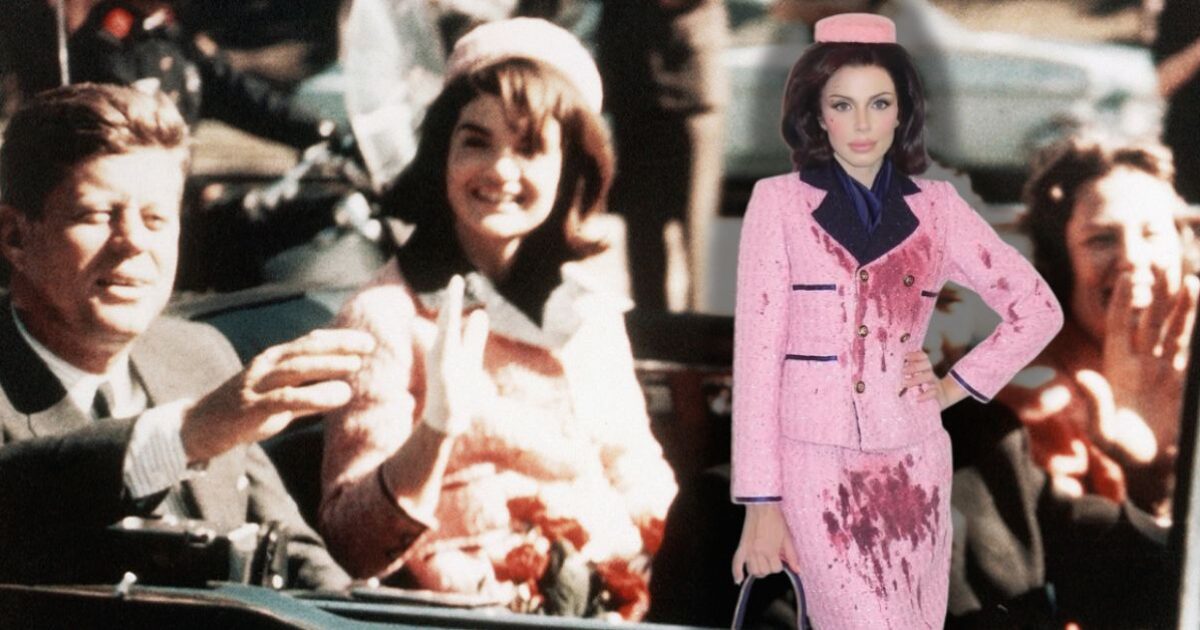 Historical image depicting President John F. Kennedy and Jacqueline Kennedy in a car, with a focus on Jacqueline's iconic pink suit, symbolizing a significant moment in American history.