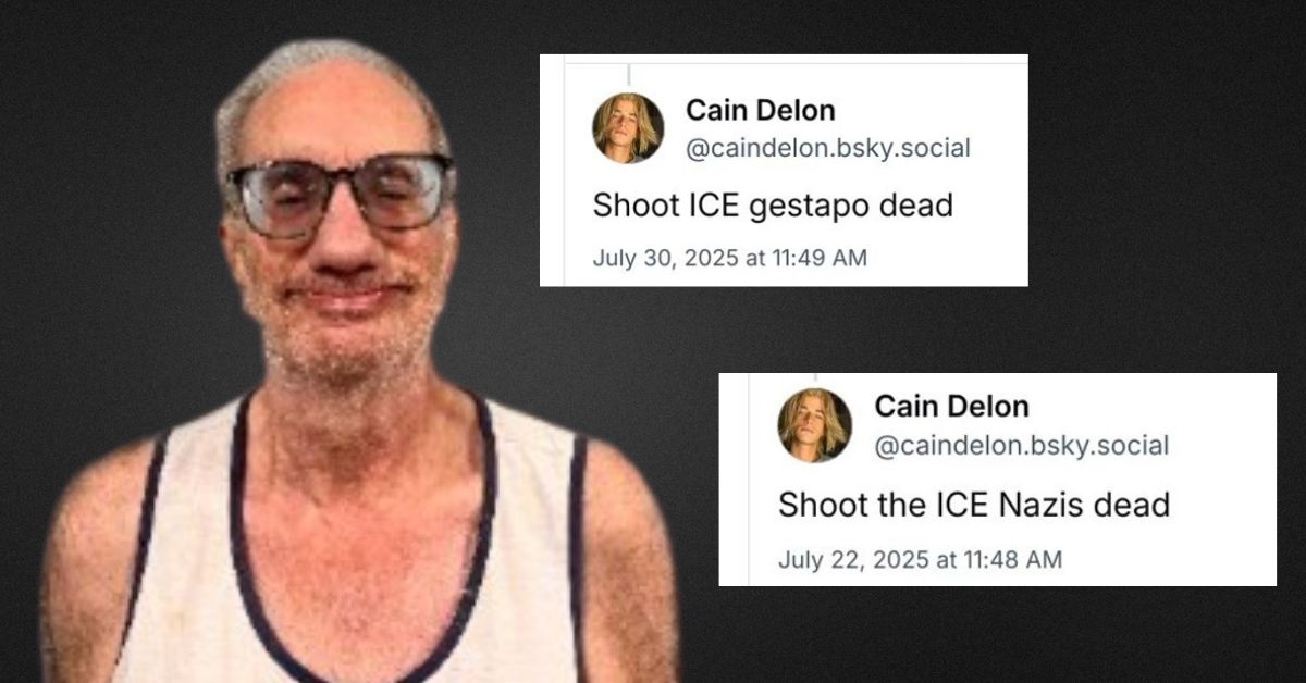 Image featuring a man with glasses smiling, alongside tweets from Cain Delon advocating violence against ICE and its agents, dated July 2025.