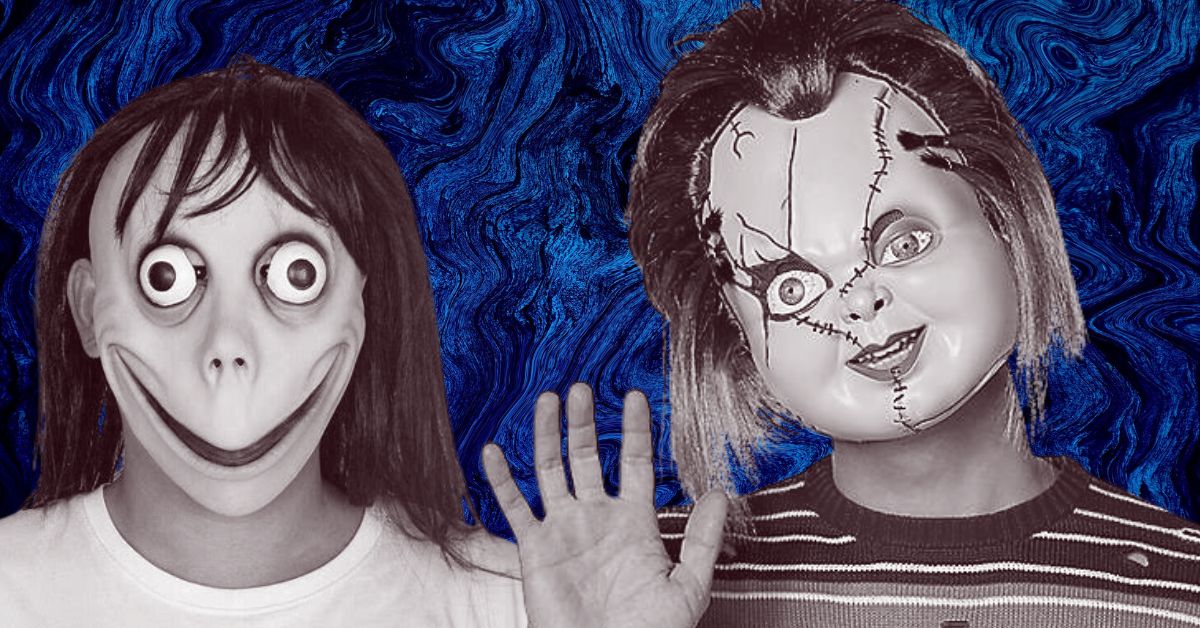 Two eerie dolls with exaggerated features, one resembling a ghostly figure and the other a creepy stitched doll, set against a swirling blue background.