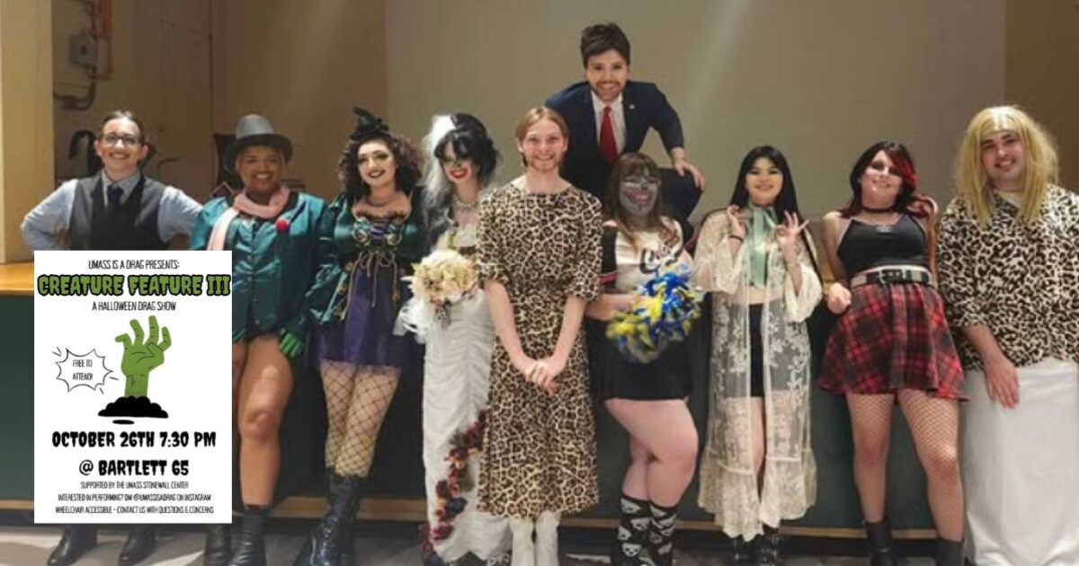 Group of performers in creative costumes at the Creature Feature III Halloween drag show event, showcasing diverse styles and vibrant expressions.