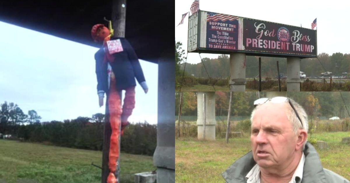 Scarecrow figure hanging near a highway alongside a pro-Trump billboard and a local resident discussing political sentiments.