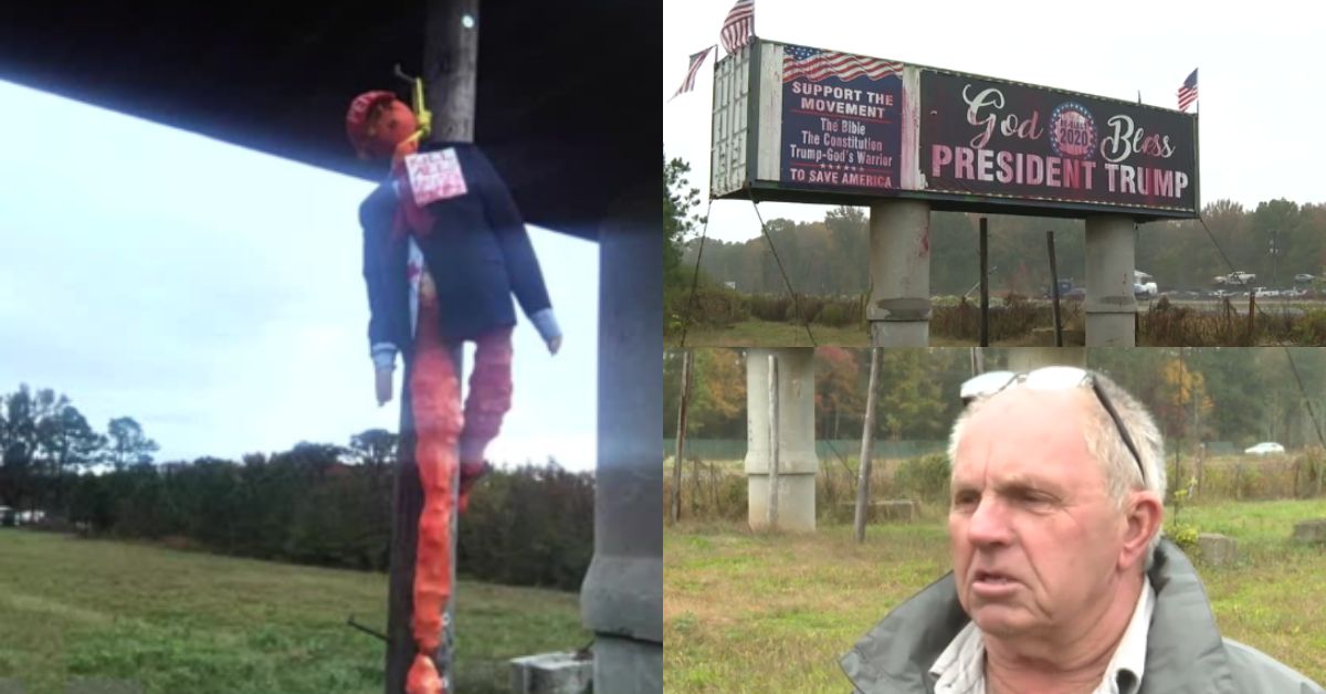 Scarecrow figure hanging near a highway alongside a pro-Trump billboard and a local resident discussing political sentiments.