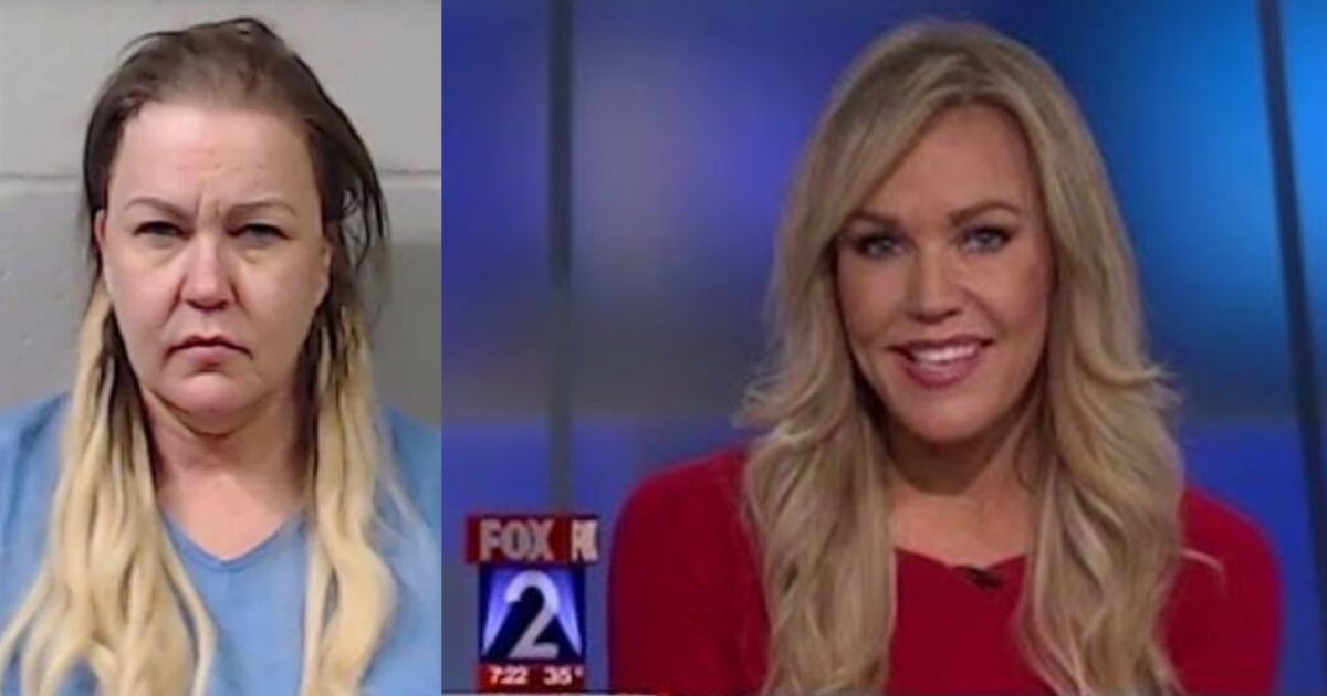 Image split into two: a mugshot on the left and a smiling news anchor on the right, showcasing contrasting appearances and scenarios.