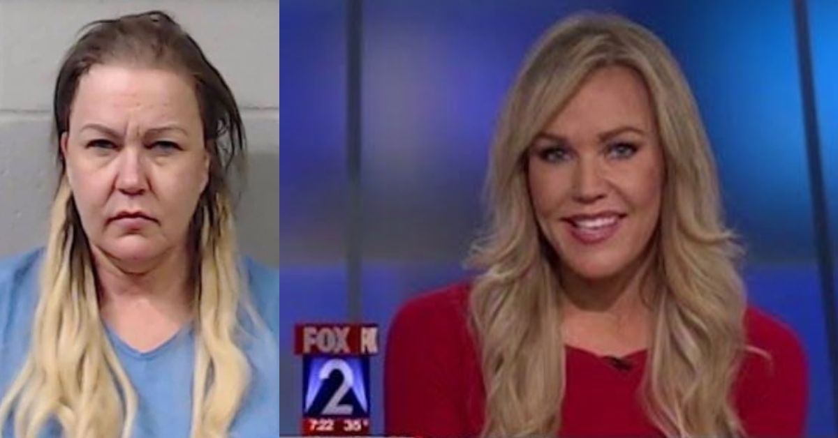 Image split into two: a mugshot on the left and a smiling news anchor on the right, showcasing contrasting appearances and scenarios.
