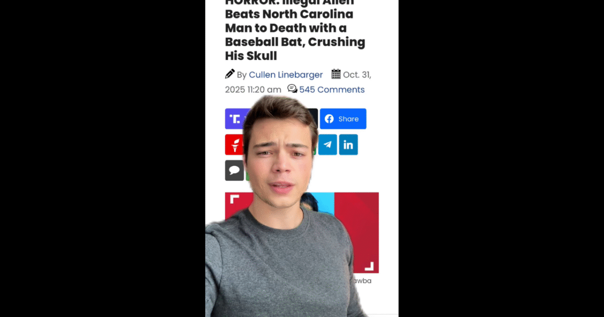 Image of a young man speaking directly to the camera, discussing a news article about a violent crime incident in North Carolina.