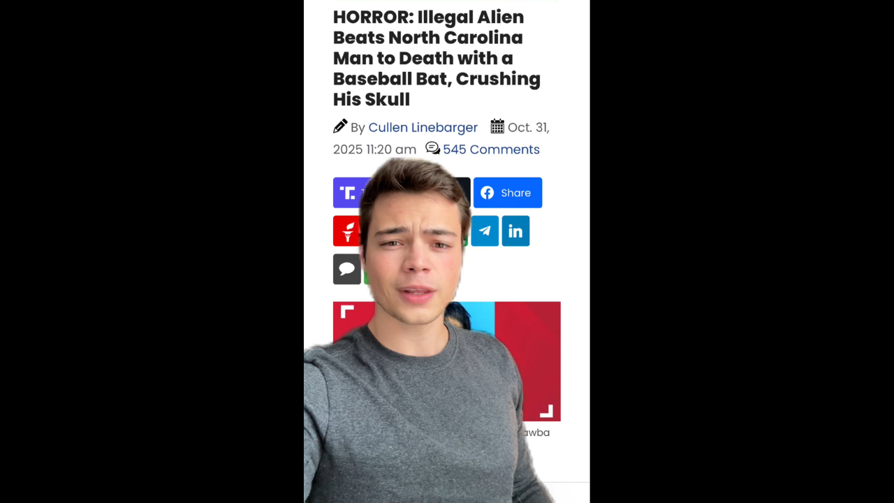 Image of a young man speaking directly to the camera, discussing a news article about a violent crime incident in North Carolina.