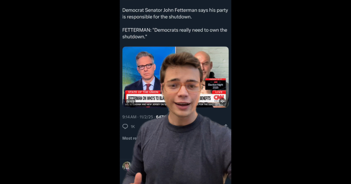 Young man speaking about Senator John Fetterman's comments on party responsibility for a government shutdown, with a CNN segment visible in the background.