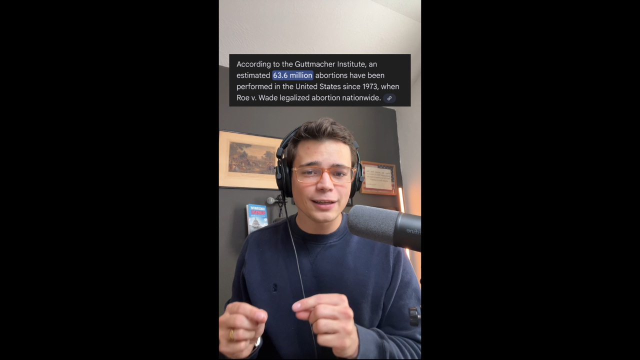 Young man discussing abortion statistics and Roe v. Wade in a podcast setting, wearing headphones and gesturing to emphasize key points.