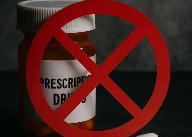 Prescription drug bottle with a red prohibition sign, symbolizing the dangers of misuse and the importance of responsible medication practices.
