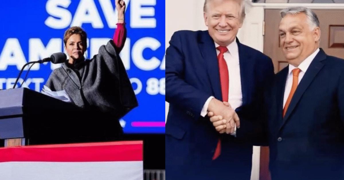 Political rally featuring a speaker advocating for America alongside a photo of Donald Trump shaking hands with Hungarian Prime Minister Viktor Orbán.