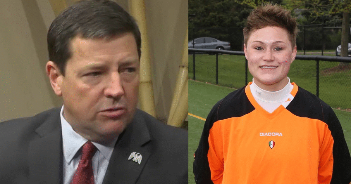 A split image featuring a professional man in a suit speaking and a young female athlete smiling in a soccer jersey on a field.