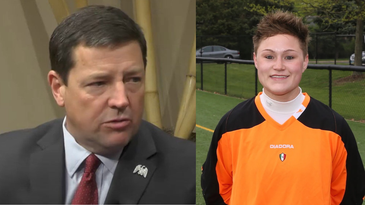 A split image featuring a professional man in a suit speaking and a young female athlete smiling in a soccer jersey on a field.