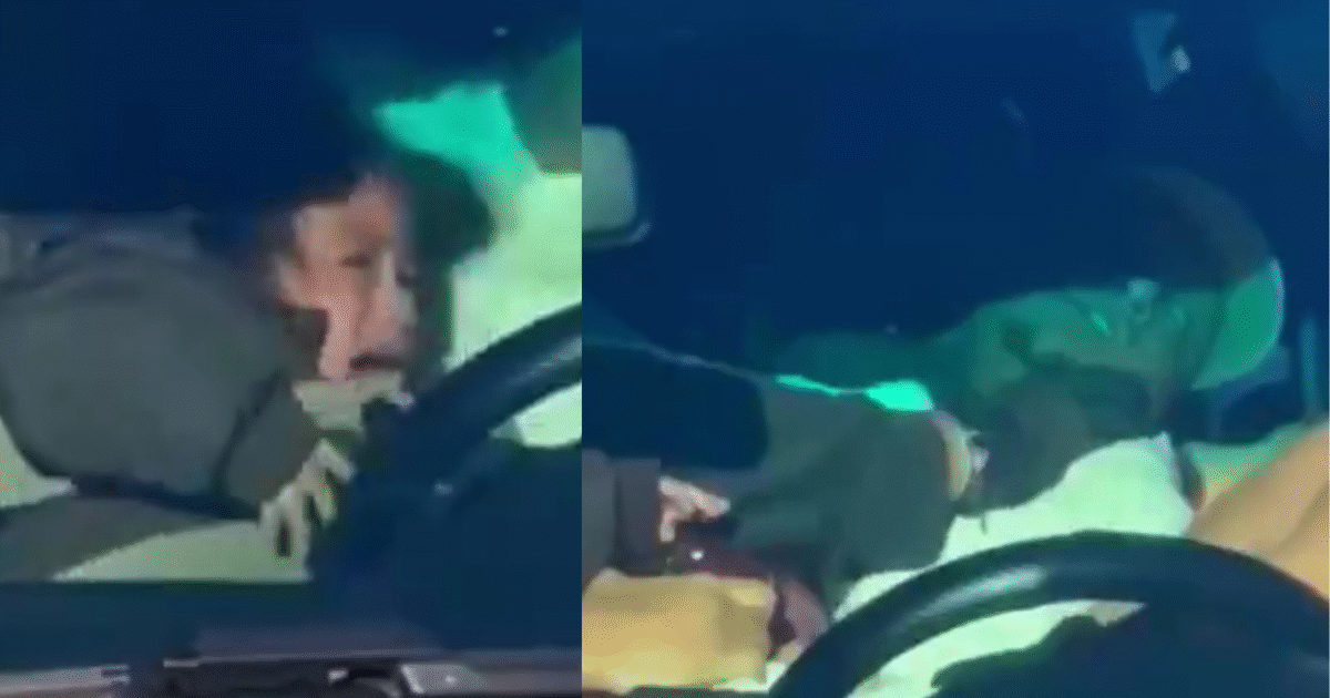 Child in a car visibly distressed, gripping the steering wheel while an adult reaches towards them, suggesting a moment of concern or intervention.