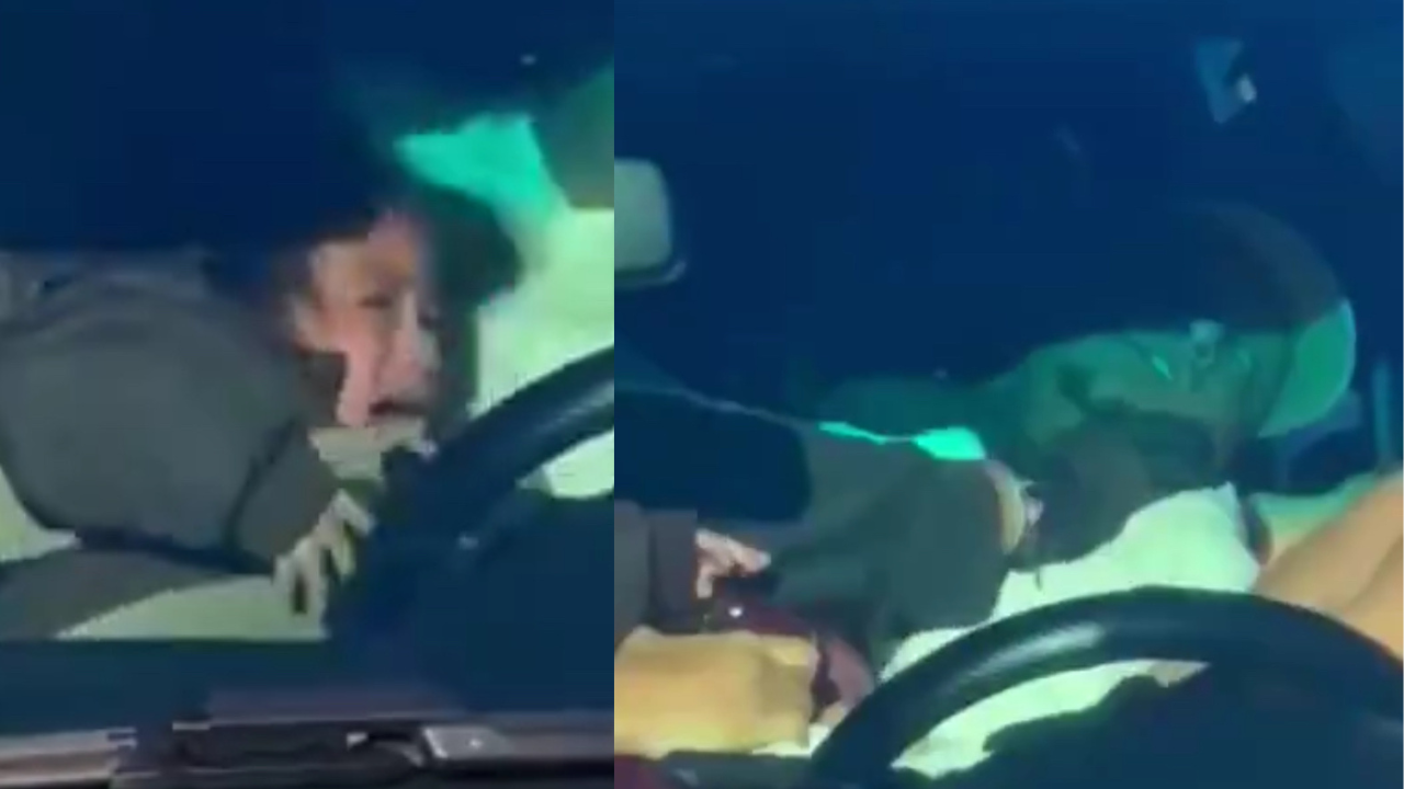 Child in a car visibly distressed, gripping the steering wheel while an adult reaches towards them, suggesting a moment of concern or intervention.